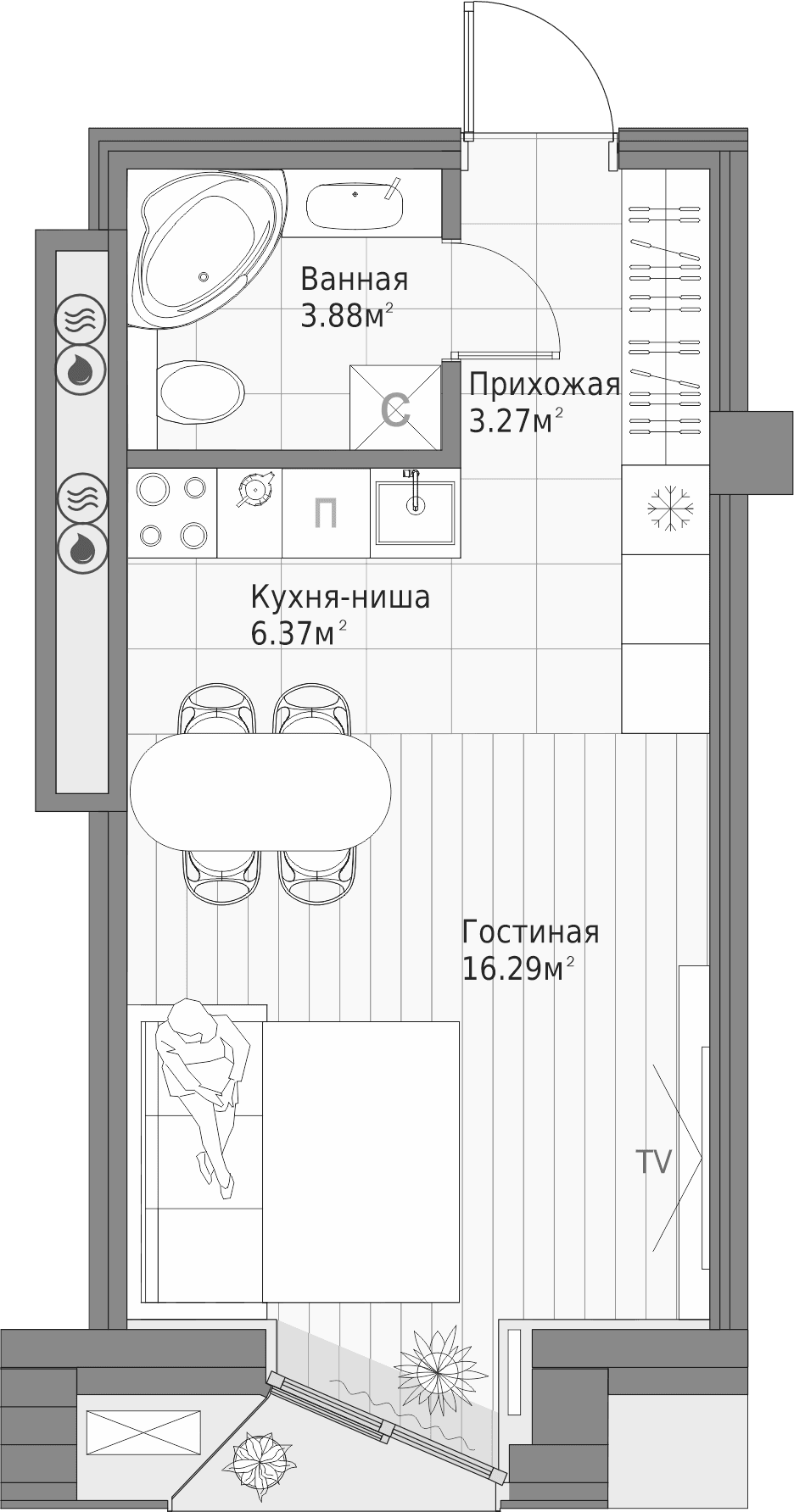 Планировка — Клубный дом Шаляпин XV, Студия, 30 м²