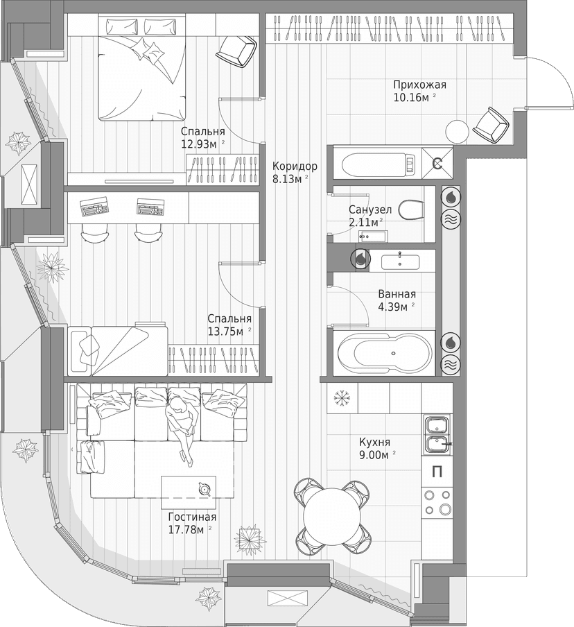 Планировка — Клубный дом Шаляпин XV, 2-комн., 78 м²