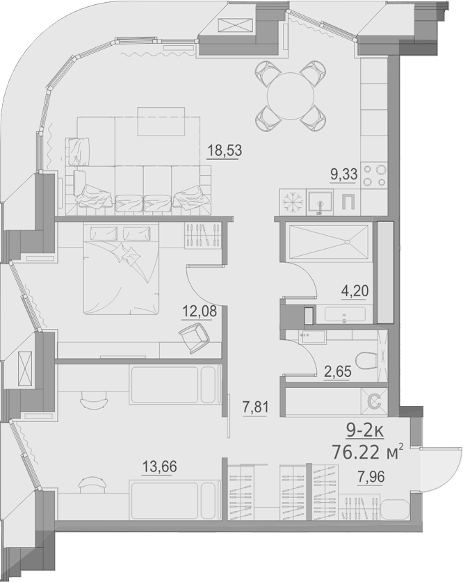 Планировка — Клубный дом Шаляпин XV, 2-комн., 76 м²