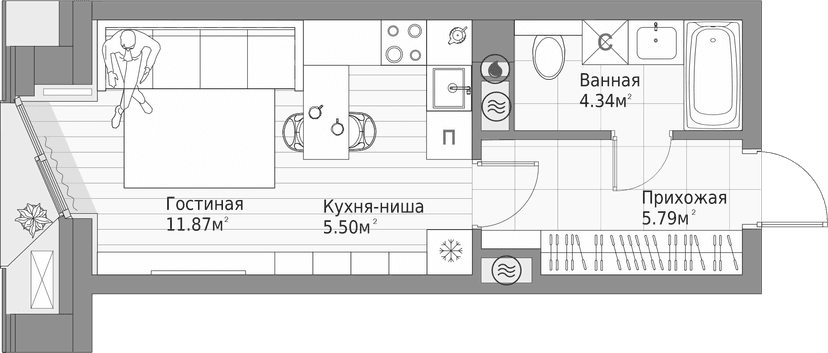 Планировка — Клубный дом Шаляпин XV, Студия, 28 м²