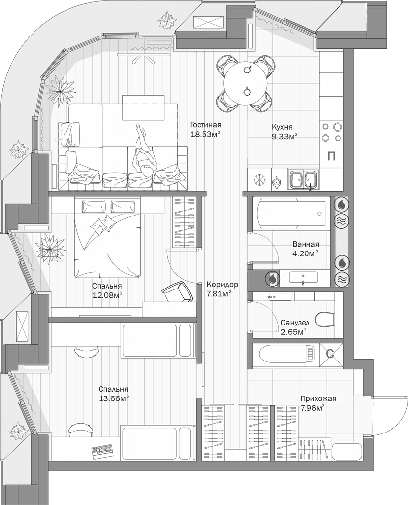 Планировка — Клубный дом Шаляпин XV, 2-комн., 76 м²