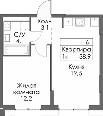Планировка — Сиберово, 1-комн., 39 м²