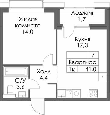 Планировка — Сиберово, 1-комн., 39 м²