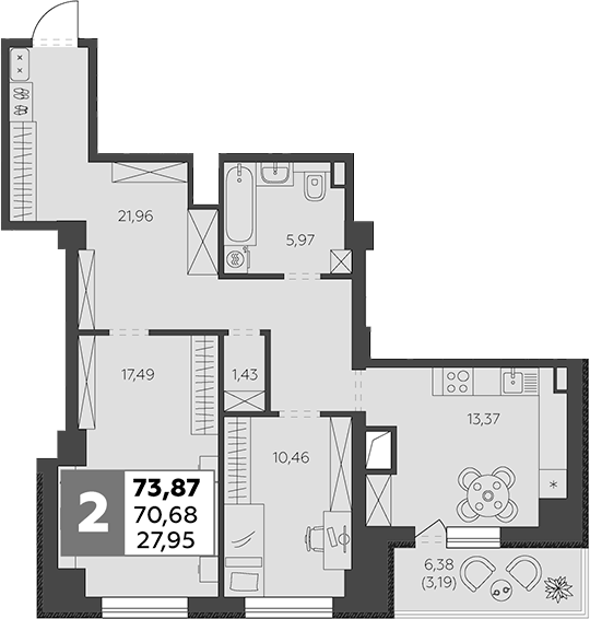 Планировка — В53, 2-комн., 71 м²