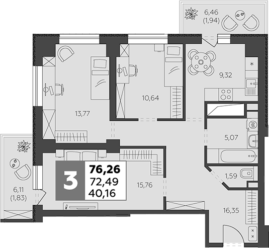 Планировка — В53, 3-комн., 72 м²