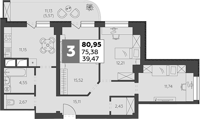 Планировка — В53, 3-комн., 75 м²