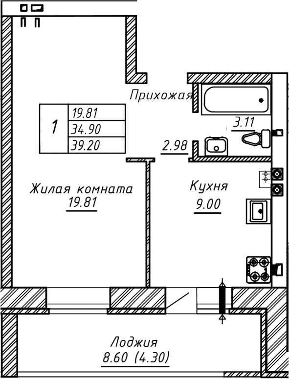 Планировка — ул. Казанская, 1-комн., 35 м²