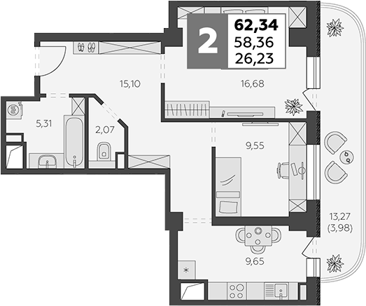 Планировка — В53, 2-комн., 58 м²