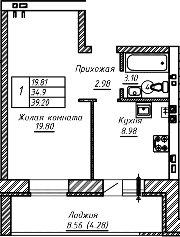 Планировка — ул. Казанская, 1-комн., 35 м²