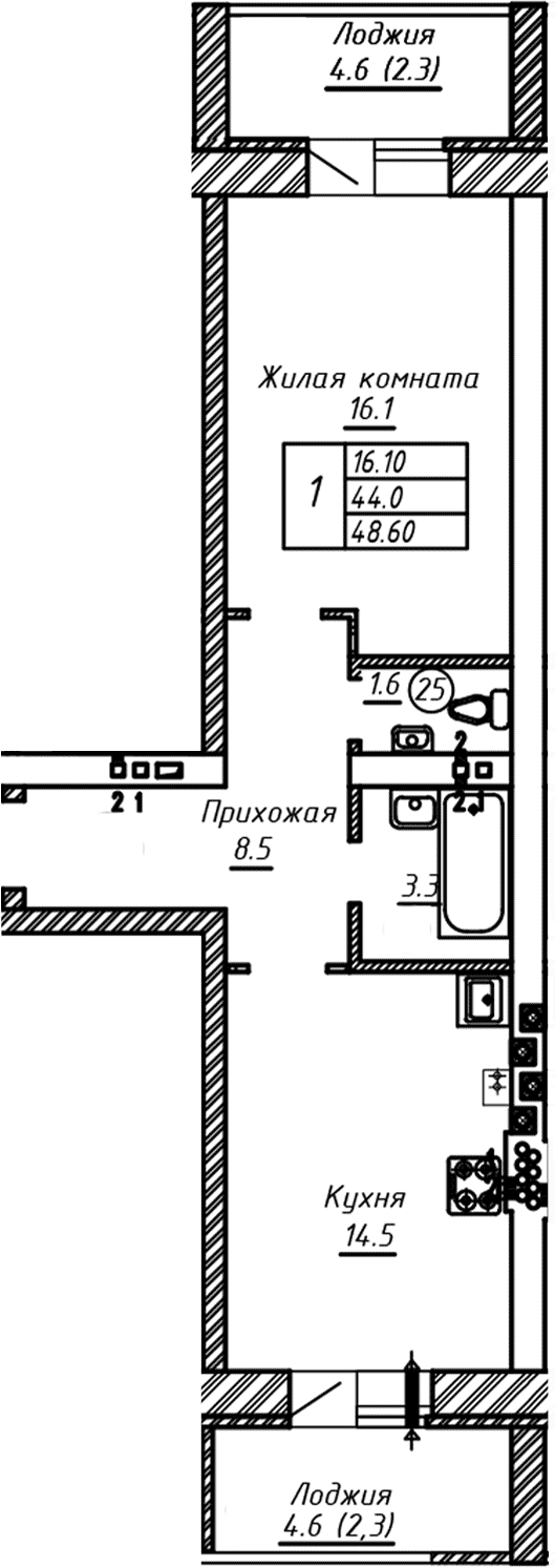 Планировка — ул. Казанская, 1-комн., 44 м²