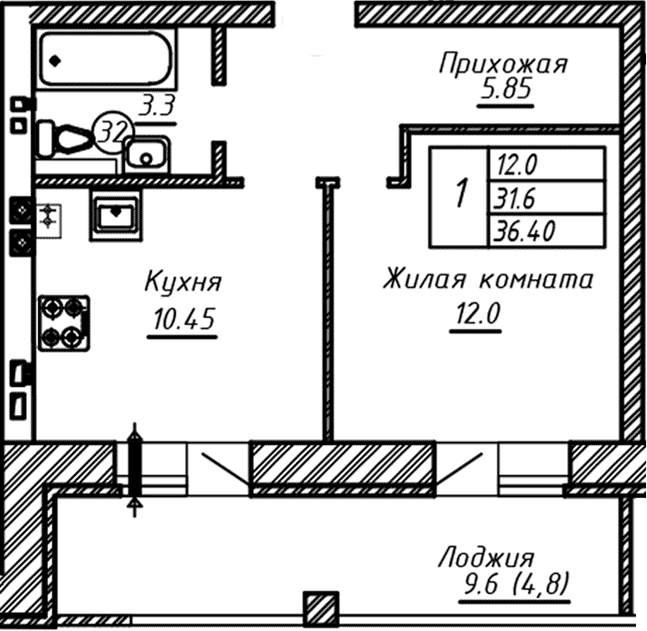 Планировка — ул. Казанская, 1-комн., 33 м²