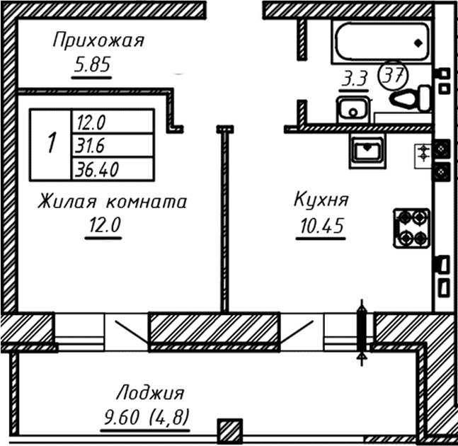 Планировка — ул. Казанская, 1-комн., 33 м²