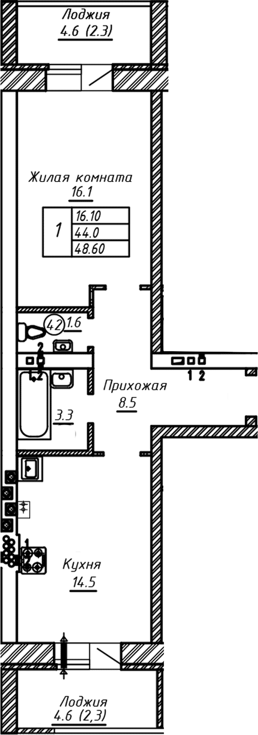 Планировка — ул. Казанская, 1-комн., 44 м²