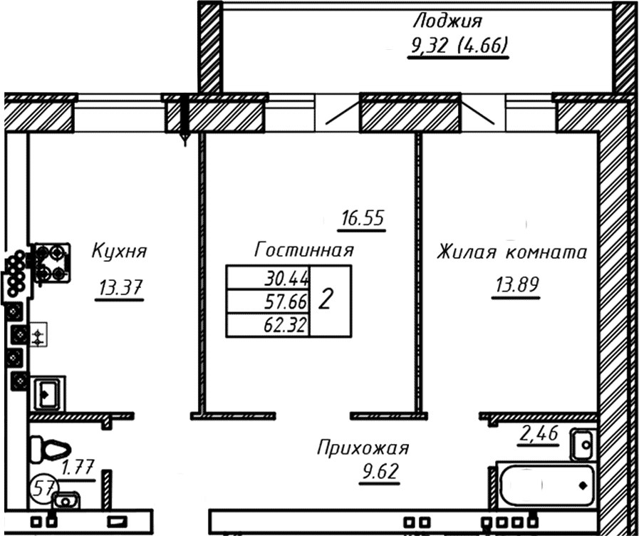 Планировка — ул. Казанская, 2-комн., 58 м²