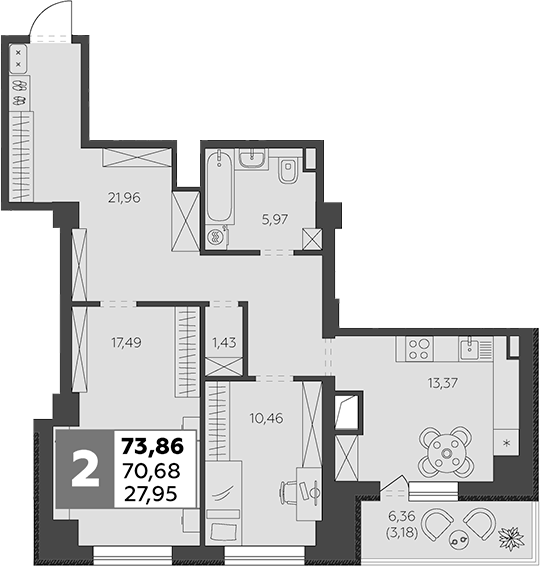 Планировка — В53, 2-комн., 71 м²