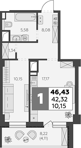 Планировка — В53, 1-комн., 42 м²
