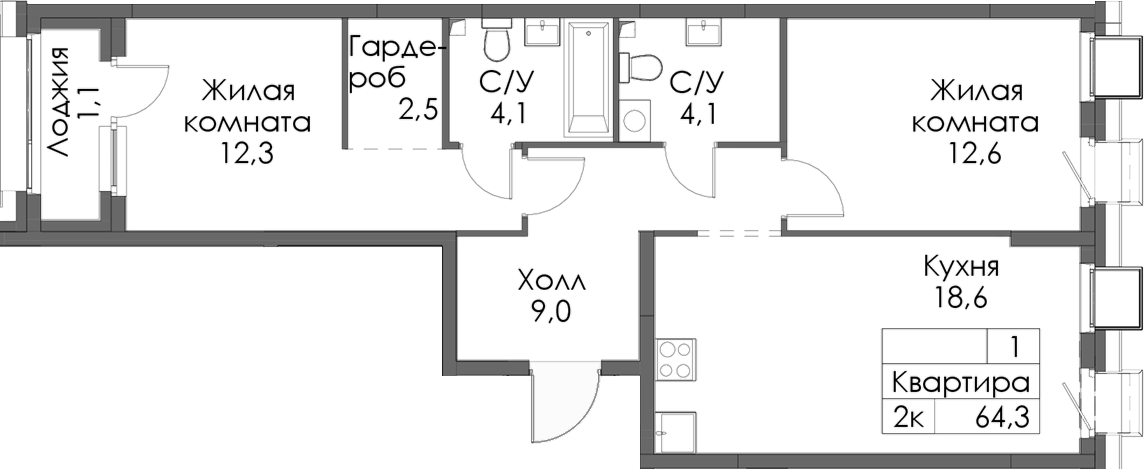 Планировка — Сиберово, 2-комн., 63 м²