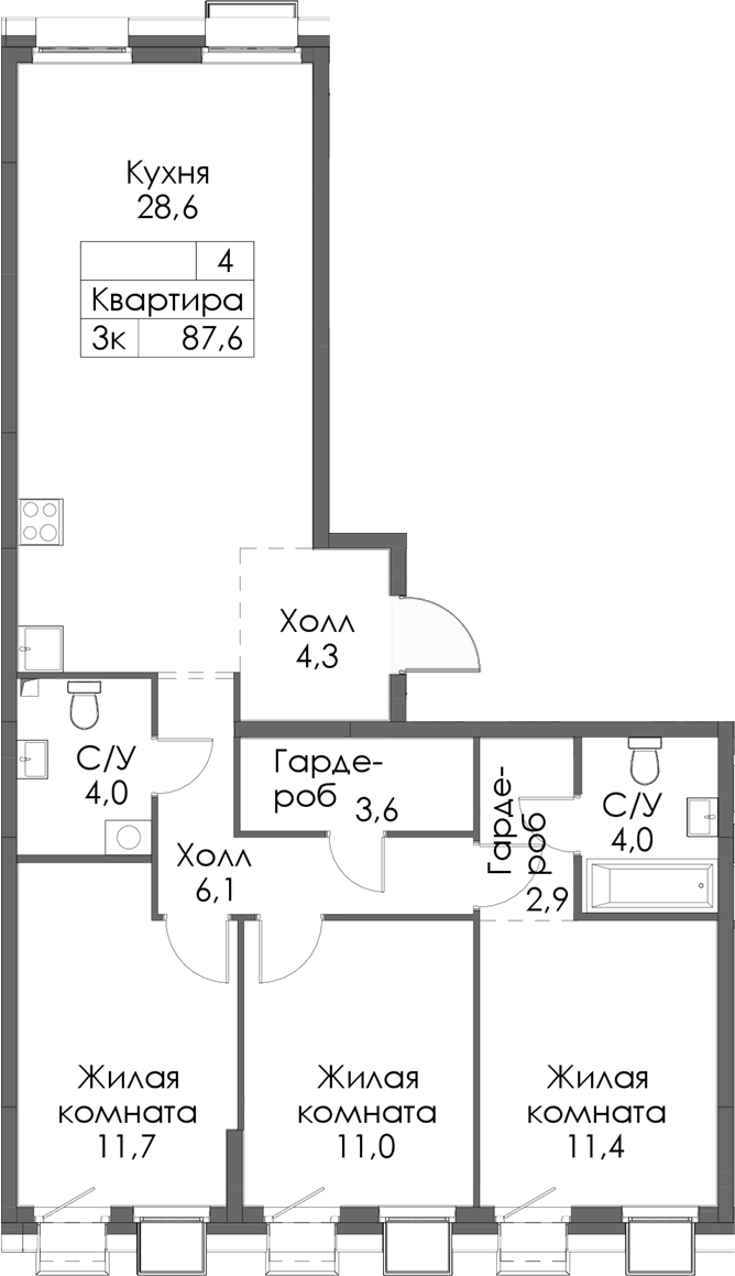 Планировка — Сиберово, 3-комн., 88 м²
