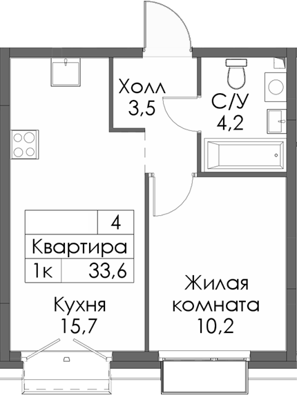 Планировка — Сиберово, 1-комн., 34 м²