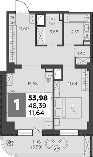 Планировка — В53, 1-комн., 48 м²