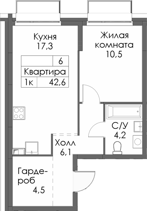 Планировка — Сиберово, 1-комн., 43 м²