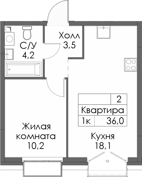 Планировка — Сиберово, 1-комн., 36 м²