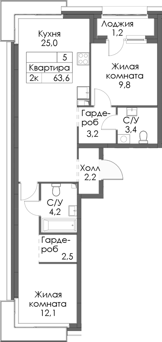 Планировка — Сиберово, 2-комн., 62 м²