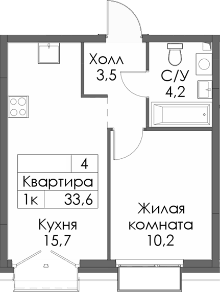 Планировка — Сиберово, 1-комн., 34 м²