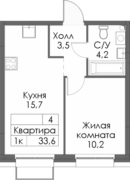 Планировка — Сиберово, 1-комн., 34 м²