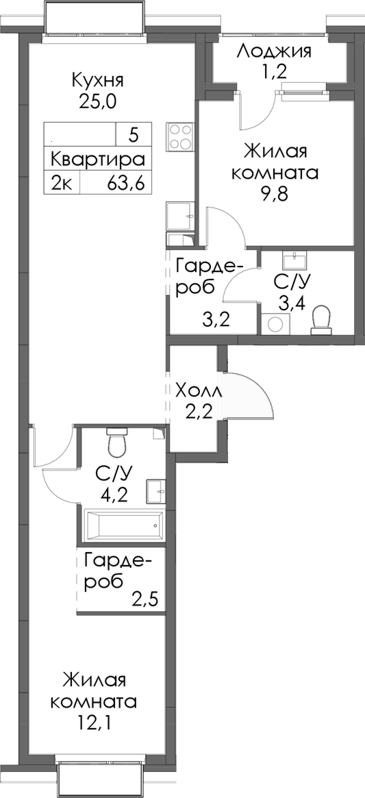 Планировка — Сиберово, 2-комн., 62 м²