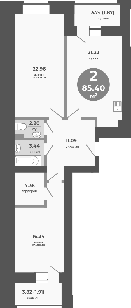 Планировка — Снегири, 2-комн., 82 м²
