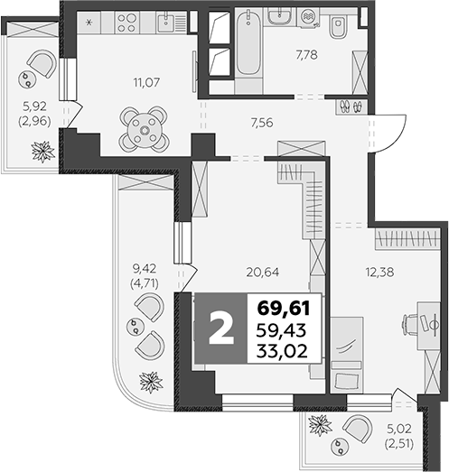 Планировка — В53, 2-комн., 59 м²