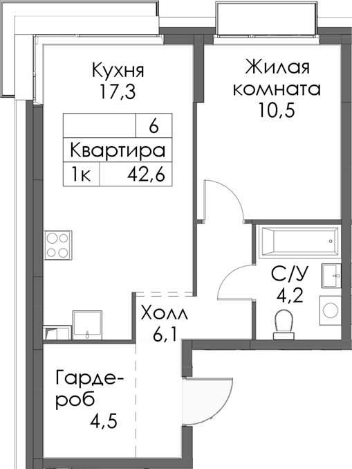 Планировка — Сиберово, 1-комн., 43 м²