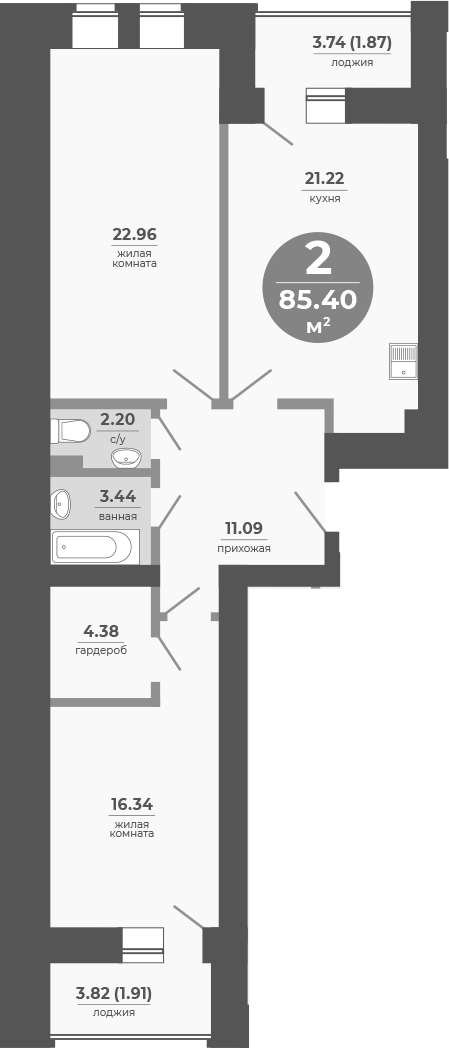 Планировка — Снегири, 2-комн., 82 м²