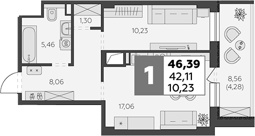 Планировка — В53, 1-комн., 42 м²