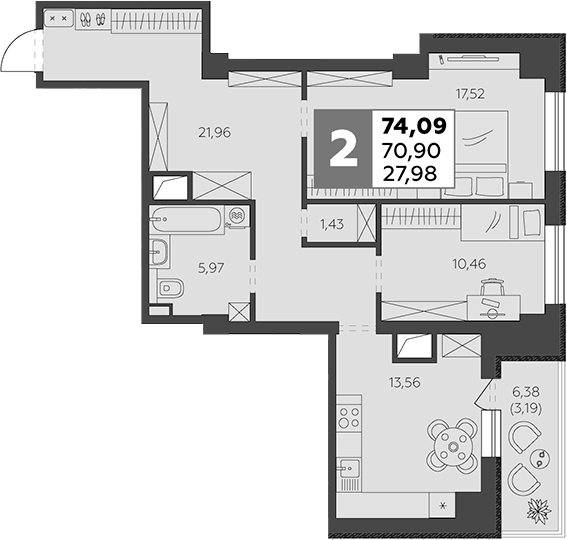 Планировка — В53, 2-комн., 71 м²