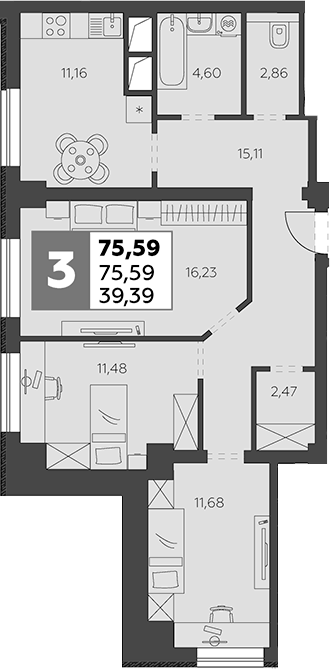 Планировка — В53, 3-комн., 76 м²