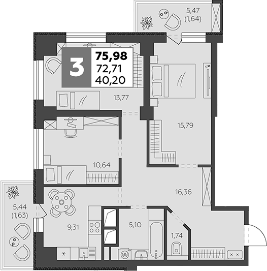 Планировка — В53, 3-комн., 73 м²