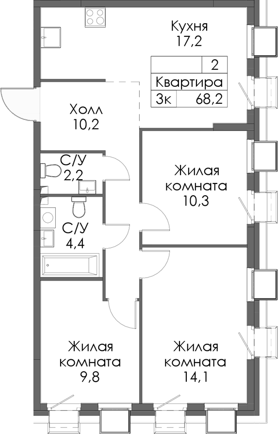 Планировка — Сиберово, 3-комн., 68 м²
