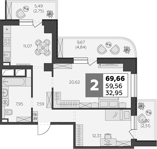 Планировка — В53, 2-комн., 60 м²