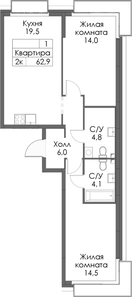 Планировка — Сиберово, 2-комн., 63 м²