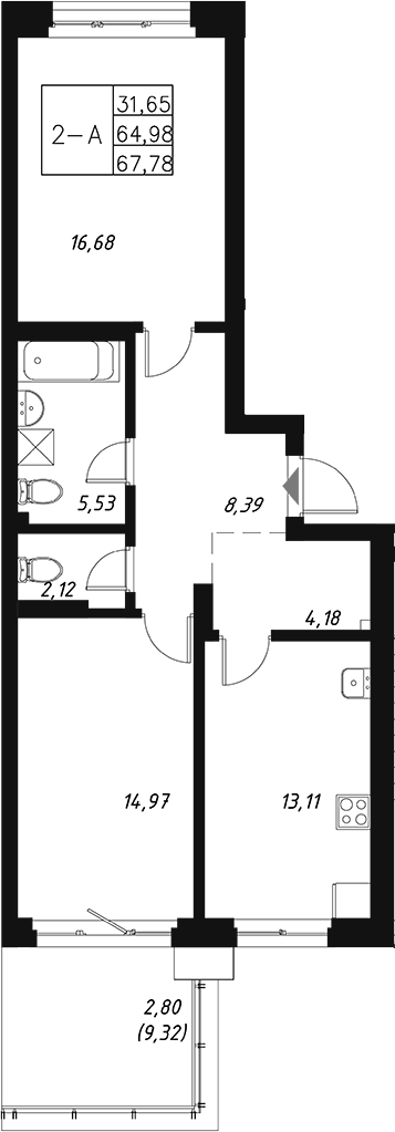 Планировка — Q на Кулагина, 2-комн., 65 м²