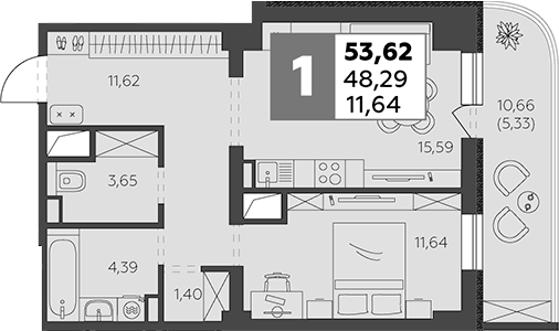 Планировка — В53, 1-комн., 48 м²