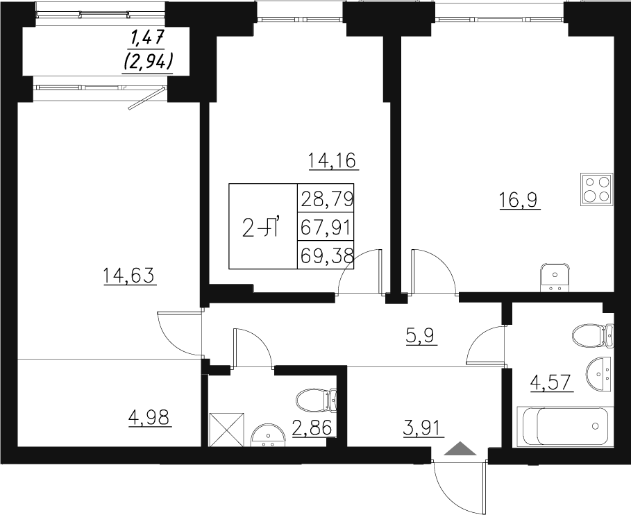 Планировка — Q на Кулагина, 3-комн., 68 м²