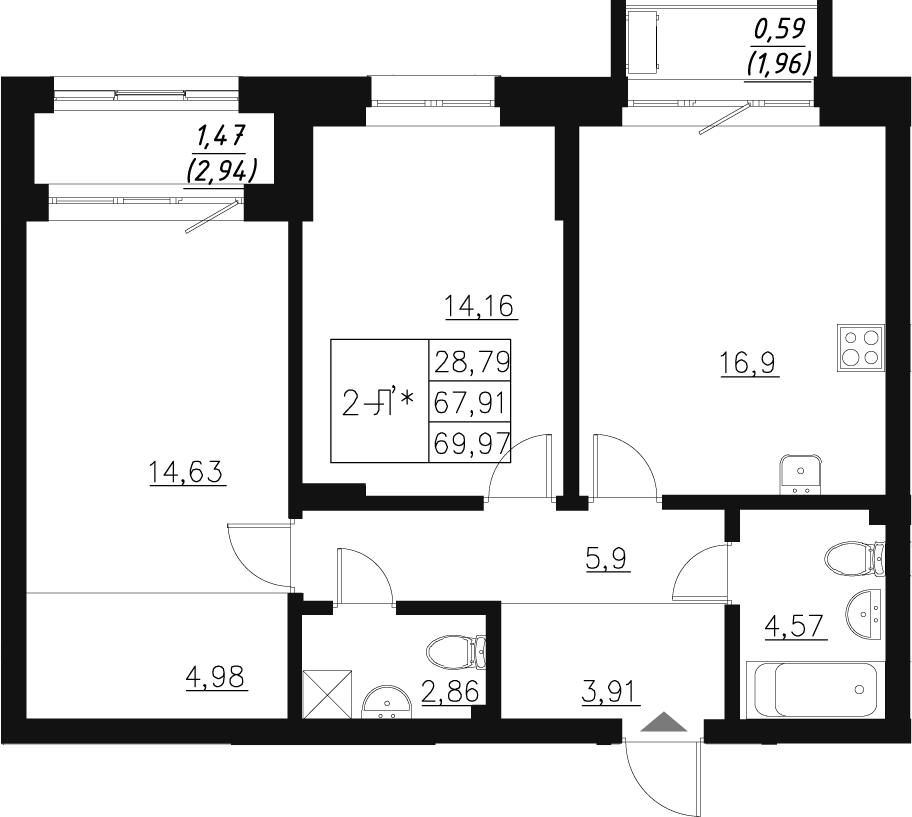 Планировка — Q на Кулагина, 3-комн., 68 м²