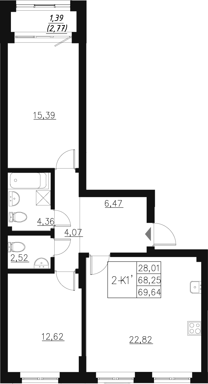 Планировка — Q на Кулагина, 3-комн., 68 м²
