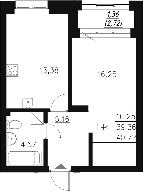 Планировка — Q на Кулагина, 1-комн., 39 м²