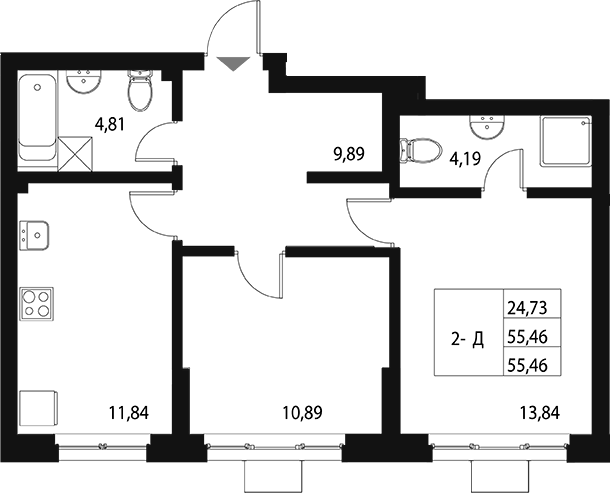 Планировка — Q на Кулагина, 2-комн., 55 м²