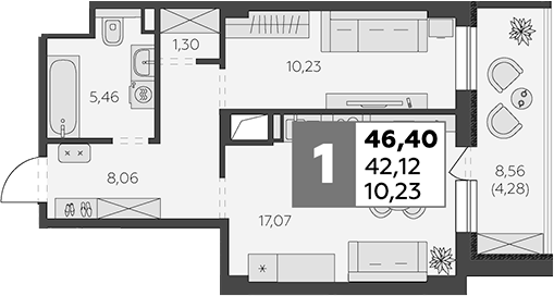 Планировка — В53, 1-комн., 42 м²