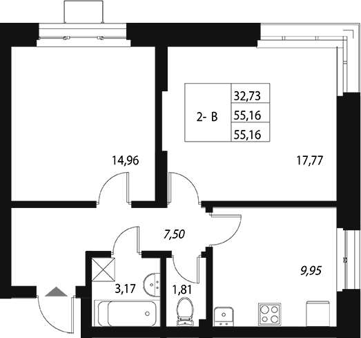 Планировка — Q на Кулагина, 2-комн., 55 м²